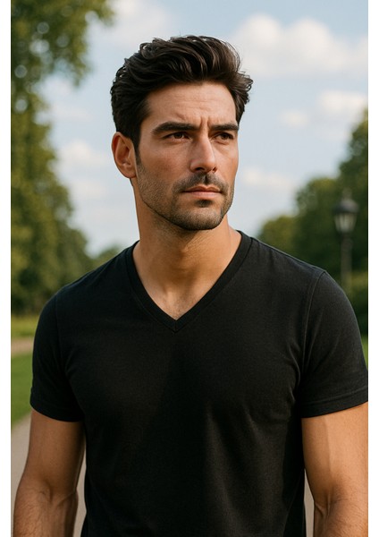 Siyah Renk Erkek V Yakalı T-Shirt Likralı Pamuk Spor Tişört modelleri