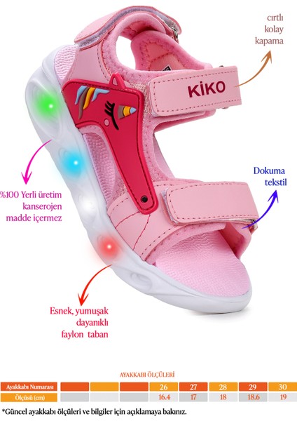 Unicorn Günlük Işıklı Cırtlı Kız Çocuk Sandalet Ayakkabı Pembe