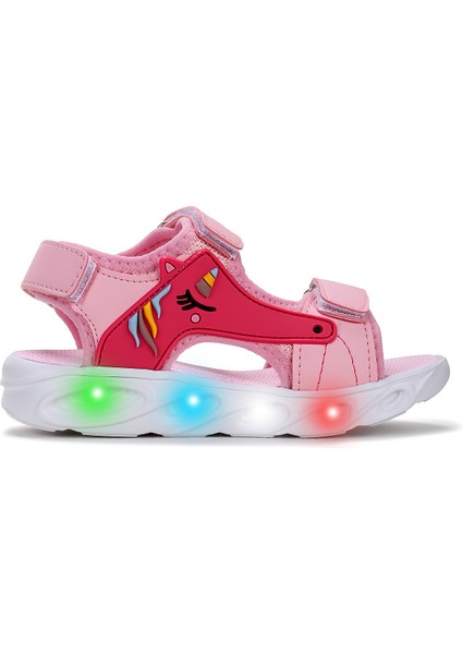 Unicorn Günlük Işıklı Cırtlı Kız Çocuk Sandalet Ayakkabı Pembe
