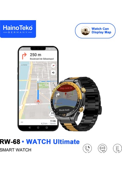 Rw- 68 Akıllı Saat | Bluetooth Arama | IP67 Su Geçirmez | Gps Destekli | Kalp Ritmi & Spo2 & Tansiyon | 3 Kordon (Metal, Silikon, Deri)