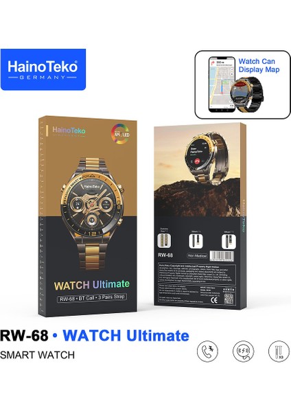 Rw- 68 Akıllı Saat | Bluetooth Arama | IP67 Su Geçirmez | Gps Destekli | Kalp Ritmi & Spo2 & Tansiyon | 3 Kordon (Metal, Silikon, Deri)
