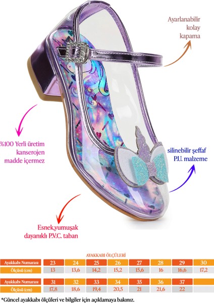 Unicorn Kız Çocuk Topuklu Abiye Şeffaf Ayakkabı Lila fiyatları