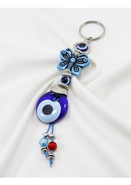 Çerçeveli Nazar Boncuklu Kelebek Figürlü El Yapımı Cam Nazar Boncuklu Anahtarlık
