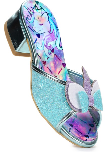 Unicorn Kız Çocuk Topuklu Simli Abiye Terlik Su Yeşili