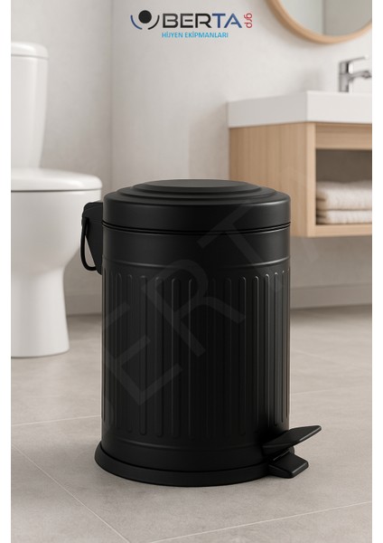 Vintage Siyah Çöp Kovası Amortisörlü Kapak Çizgili Lüks Model 5Lt