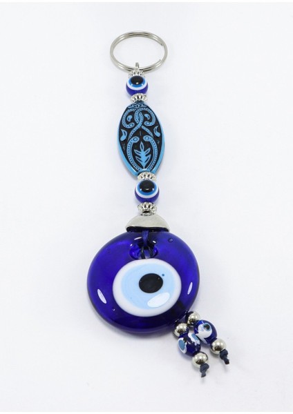 Lacivert, Desenli El Yapımı Cam Nazar Boncuklu Anahtarlık, Hediyelik Anahtarlık