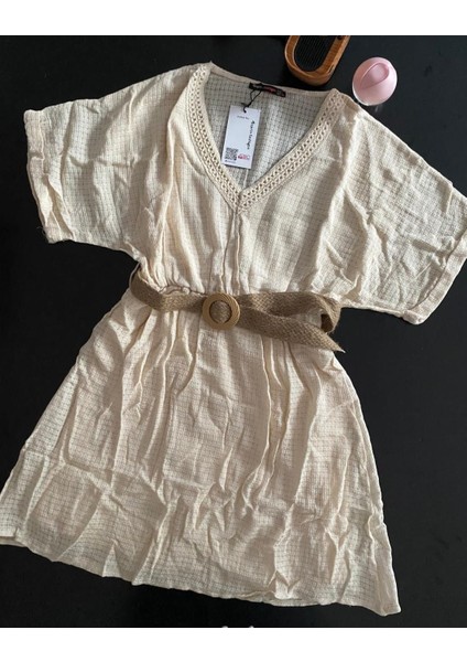 Hasır Kemer Detaylı Ithal Brode Elbise