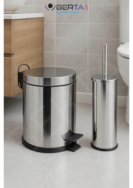 2'li Banyo Seti Çöp Kovası Tuvalet Fırçası Metal Paslanmaz Çelik