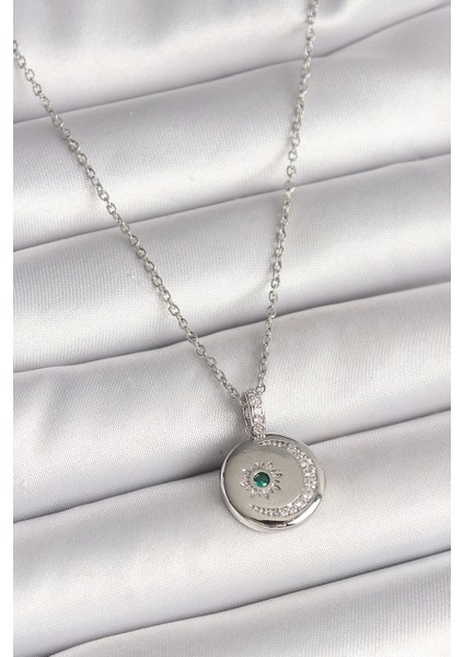 316L Çelik Gümüş Renk Zincir Madalyon Zirkon Taşlı İşlemeli Hilal Yıldız Model Kadın Kolye