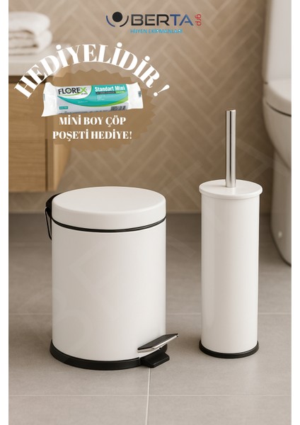 Beyaz 2'li Banyo Seti Çöp Kovası Tuvalet Fırçası Metal