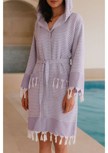 Kapşonlu Unisex Peştemal Plaj Bornozu %100 Pamuklu Seaside Stripe