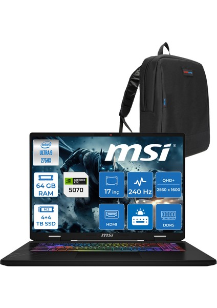Msı Crosshaır 17 Hx Aı D2XWGKG-017TR Intel Core Ultra 9-275HX Aı 64GB 4tb Ssd+4tb SSD 8GB/RTX5070 Gddr7 115W 18"2.5k (2560 x 1600, Wqxga) 240Hz Freedos Taşınabilir Bilgisayar W017TRF32+ZETTAÇANTA
