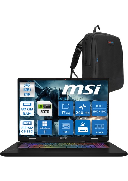 Msı Crosshaır 17 Hx Aı D2XWGKG-017TR Intel Core Ultra 9-275HX Aı 80GB 512GB+512GB 8GB/RTX5070 Gddr7 115W 18"2.5k (2560 x 1600, Wqxga) 240Hz WINDOWS11HOME Gaming Laptop W017TRH34+ZETTAÇANTA