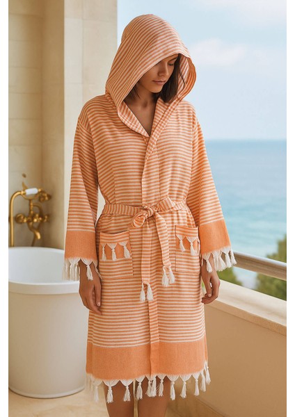 Kapşonlu Unisex Peştemal Plaj Bornozu %100 Pamuklu Seaside Stripe