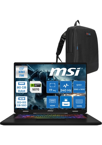 Msı Crosshaır 17 Hx Aı D2XWGKG-017TR Intel Core Ultra 9-275HX Aı 80GB 512GB+512GB SSD 8GB/RTX5070 Gddr7 115W 18"2.5k (2560 x 1600, Wqxga) 240Hz Freedos Gaming Laptop W017TRF34+ZETTAÇANTA