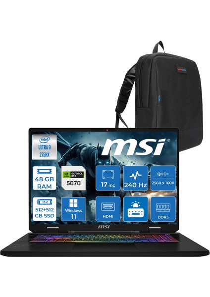 Msı Crosshaır 17 Hx Aı D2XWGKG-017TR Intel Core Ultra 9-275HX Aı 48GB 512GB SSD+512GB SSD 8GB/RTX5070 Gddr7 115W 18"2.5k (2560 x 1600, Wqxga) 240Hz WINDOWS11PRO Gaming Laptop W017TRP18+ZETTAÇANTA