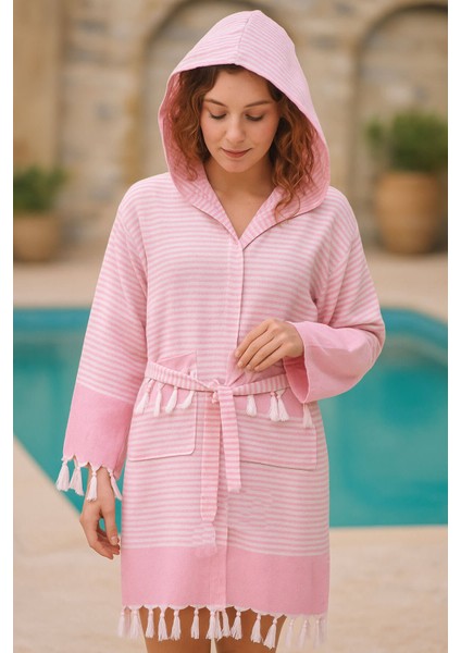 Kapşonlu Unisex Peştemal Plaj Bornozu %100 Pamuklu Seaside Stripe