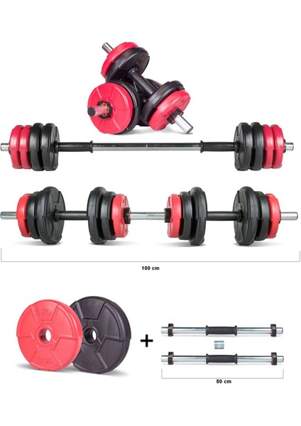 12 kg Multifonksiyonel Kırmızı Siyah Halter Seti ve Dambıl Seti