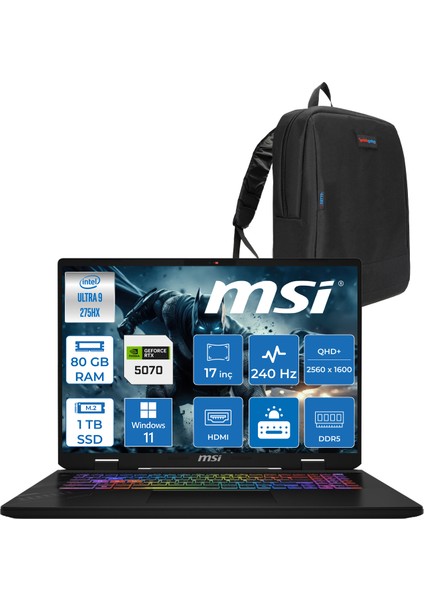 Msı Crosshaır 17 Hx Aı D2XWGKG-017TR Intel Core Ultra 9-275HX Aı 80GB 1tb SSD 8GB/RTX5070 Gddr7 115W 18"2.5k (2560 x 1600, Wqxga) 240Hz Windows 11 Pro Taşınabilir Bilgisayar W017TRP35+ZETTAÇANTA