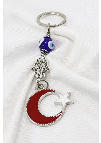 El Yapımı Cam Nazar Boncuklu Hamse Ay Yıldız Anahtarlık, Hediyelik Anahtarlık