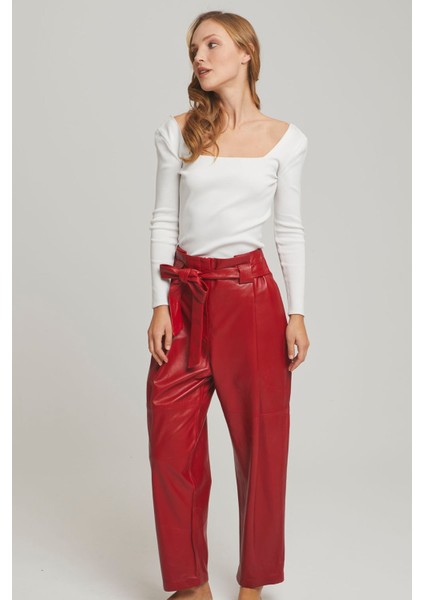 Kırmızı Kadın Havuç Kesim Beli Kemerli Cepli Yüksek Bel Astarlı Hakiki Deri Pantolon fiyatları
