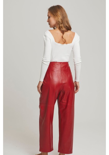 Kırmızı Kadın Havuç Kesim Beli Kemerli Cepli Yüksek Bel Astarlı Hakiki Deri Pantolon fırsatları