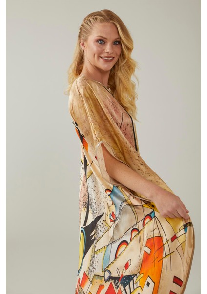 Kandinsky Busting Aquarelle Desenli Ipek Elbise modelleri