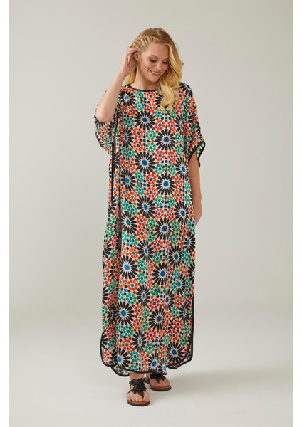 Mavi Siyah Elhamra Desenli Ipek Elbise