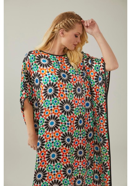 Mavi Siyah Elhamra Desenli Ipek Elbise modelleri