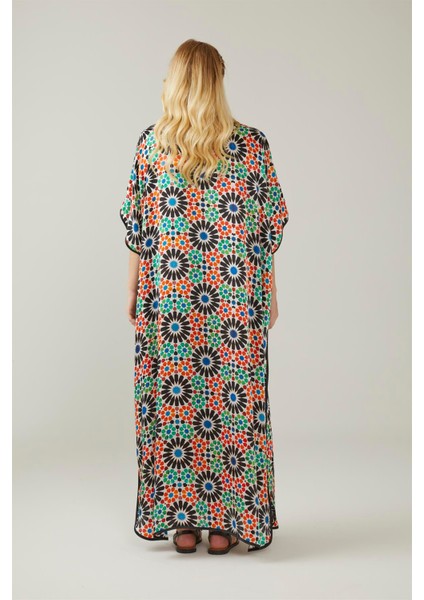 Mavi Siyah Elhamra Desenli Ipek Elbise fırsatları