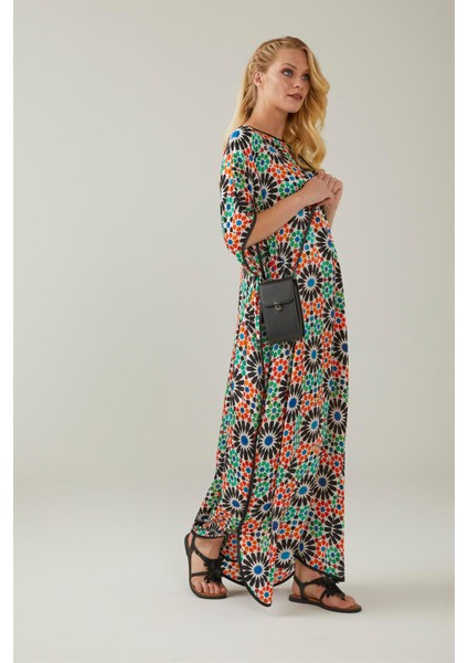 Mavi Siyah Elhamra Desenli Ipek Elbise indirimleri