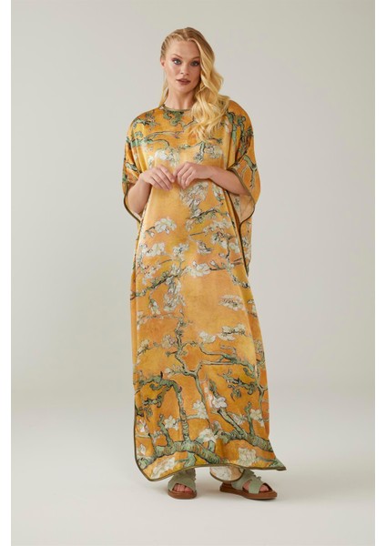 Sarı Van Gogh Almond Blossoms Desenli Ipek Elbise
