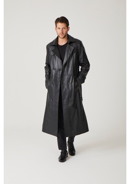 Siyah Matrix Hakiki Deri Kruvaze Düğme Kapamalı Yırtmaçlı Astarlı Kemerli Trençkot Erkek Kaban fiyatları