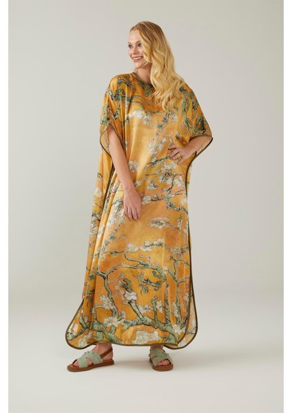 Sarı Van Gogh Almond Blossoms Desenli Ipek Elbise fiyatları