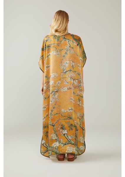 Sarı Van Gogh Almond Blossoms Desenli Ipek Elbise modelleri