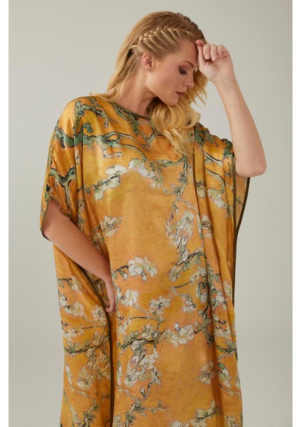 Sarı Van Gogh Almond Blossoms Desenli Ipek Elbise fırsatları