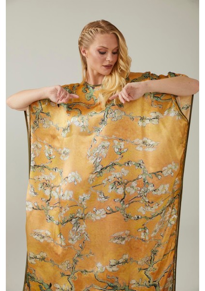 Sarı Van Gogh Almond Blossoms Desenli Ipek Elbise indirimleri