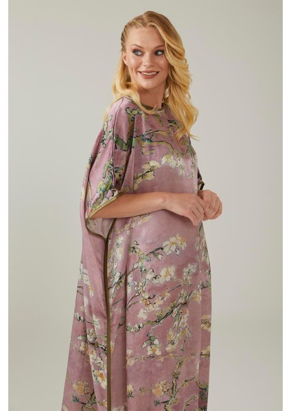 Pembe Van Gogh Almond Blossoms Desenli Ipek Elbise modelleri