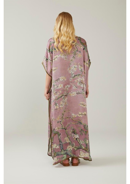Pembe Van Gogh Almond Blossoms Desenli Ipek Elbise indirimleri