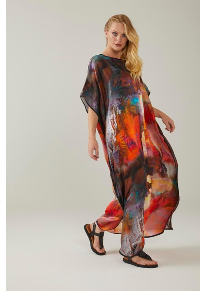 Watercolor Brush Desenli Ipek Elbise