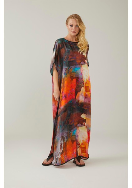 Watercolor Brush Desenli Ipek Elbise modelleri