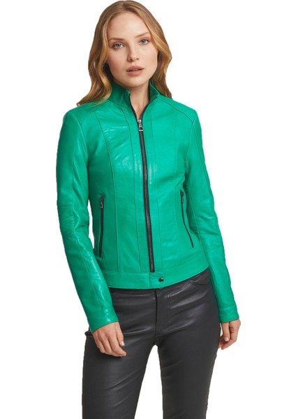 Yeşil Sharon Fermuarlı Astarlı Kısa Omuzda Ve Kolda Dikişli Dar Kesim Kadın Hakiki Deri Mont