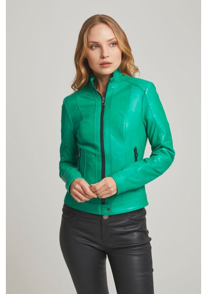 Yeşil Sharon Fermuarlı Astarlı Kısa Omuzda Ve Kolda Dikişli Dar Kesim Kadın Hakiki Deri Mont fiyatları
