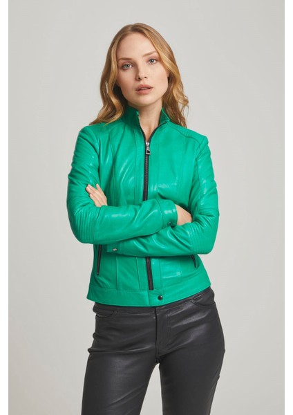 Yeşil Sharon Fermuarlı Astarlı Kısa Omuzda Ve Kolda Dikişli Dar Kesim Kadın Hakiki Deri Mont modelleri