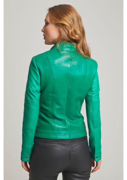 Yeşil Sharon Fermuarlı Astarlı Kısa Omuzda Ve Kolda Dikişli Dar Kesim Kadın Hakiki Deri Mont fırsatları