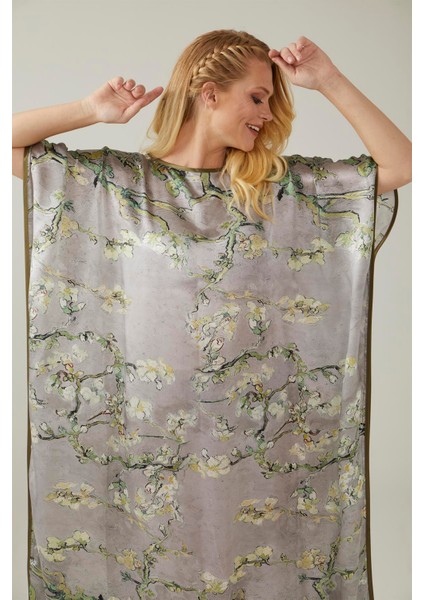 Gri Van Gogh Almond Blossoms Desenli Ipek Elbise modelleri