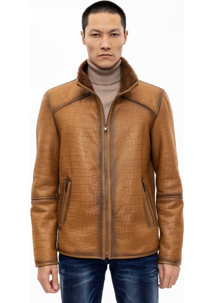 Viski Içi Kahve Tüylü Fermuarlı Sıcak Tutan Kroko Baskı Hakiki Kürk Erkek Kaban