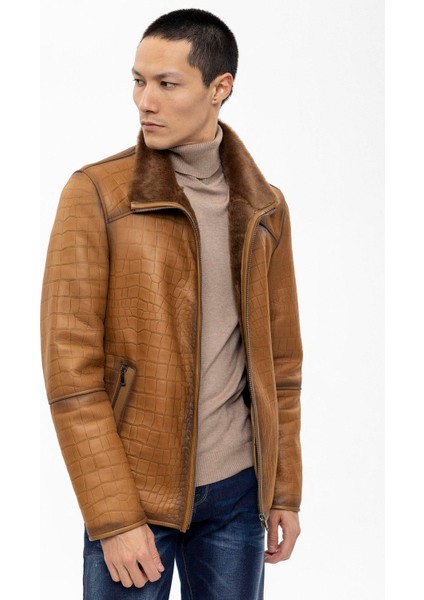 Viski Içi Kahve Tüylü Fermuarlı Sıcak Tutan Kroko Baskı Hakiki Kürk Erkek Kaban modelleri