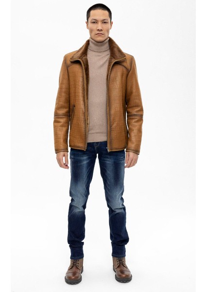 Viski Içi Kahve Tüylü Fermuarlı Sıcak Tutan Kroko Baskı Hakiki Kürk Erkek Kaban fırsatları