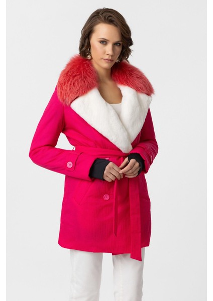 Pembe Luna Kürk Yaka Kuşaklı Uzun Kumaş Kaban